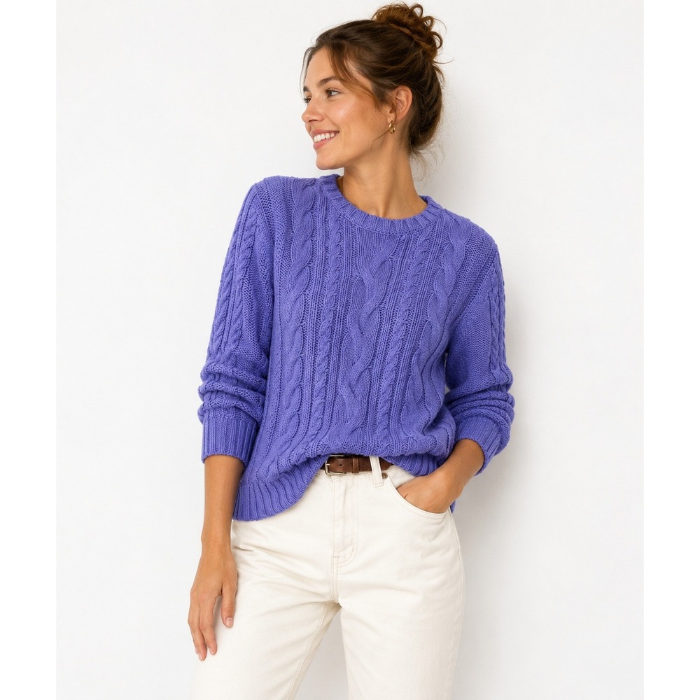 L.L.Bean Original Double L Cable Sweater M Petite Purple Cotton Fisherman Preppy